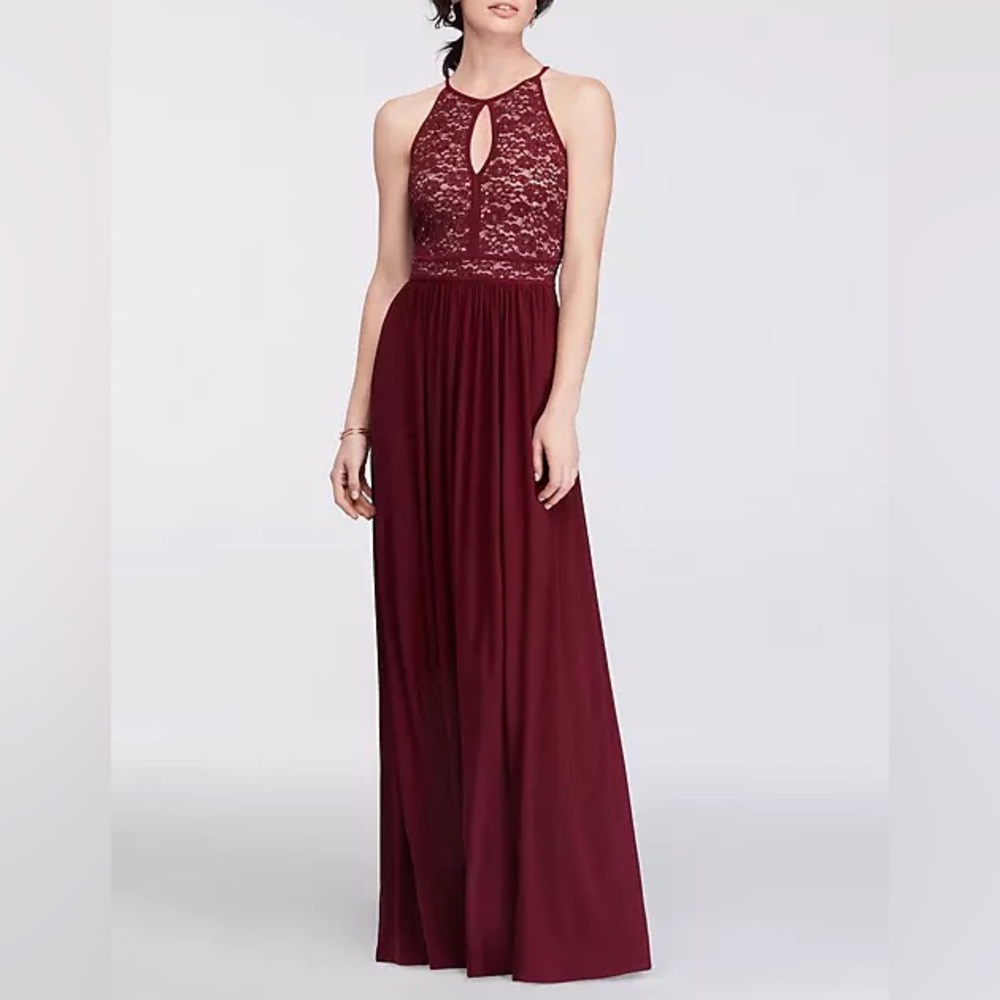 Morgan & Co Lace Keyhole Tie Back Halter Dress Size 1/2